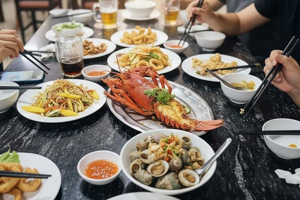 C&ugrave;ng nhau thưởng thức những m&oacute;n hải sản tươi ngon tại biển Ti&ecirc;n Trang.